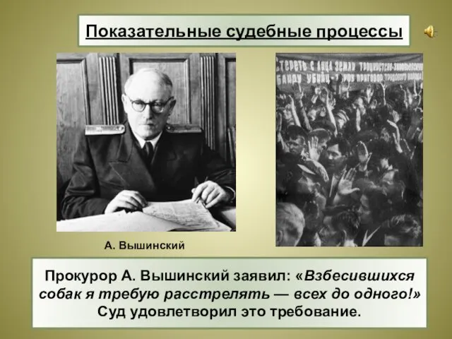 Прокурор А. Вышинский заявил: «Взбесившихся собак я требую расстрелять — всех до одного!»