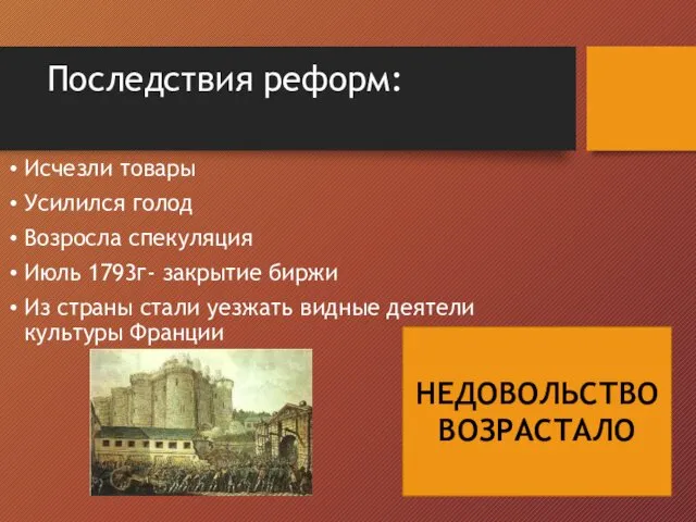 Последствия реформ: Исчезли товары Усилился голод Возросла спекуляция Июль 1793г-