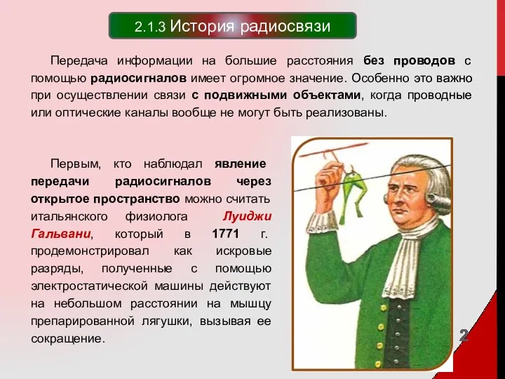 2.1.3 История радиосвязи Первым, кто наблюдал явление передачи радиосигналов через