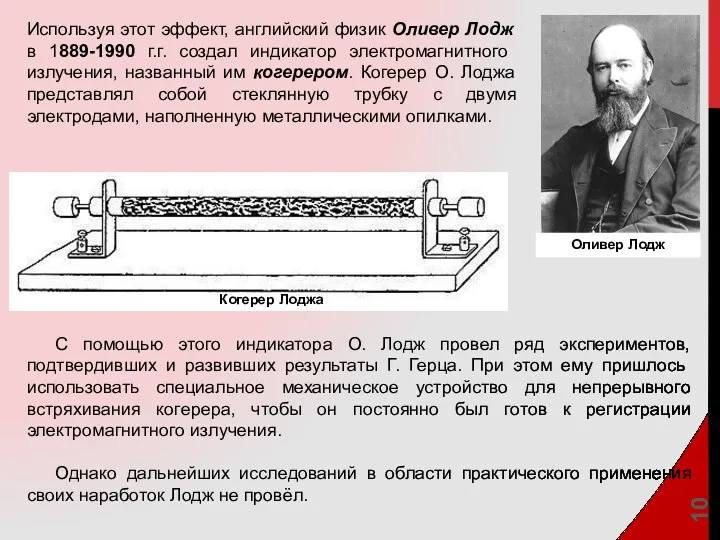 Используя этот эффект, английский физик Оливер Лодж в 1889-1990 г.г.