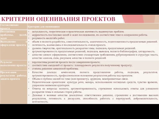 КРИТЕРИИ ОЦЕНИВАНИЯ ПРОЕКТОВ