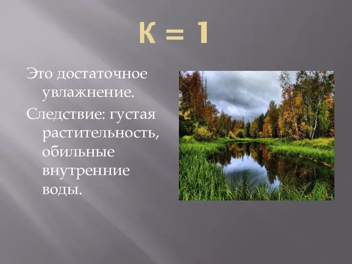 К = 1 Это достаточное увлажнение. Следствие: густая растительность, обильные внутренние воды.