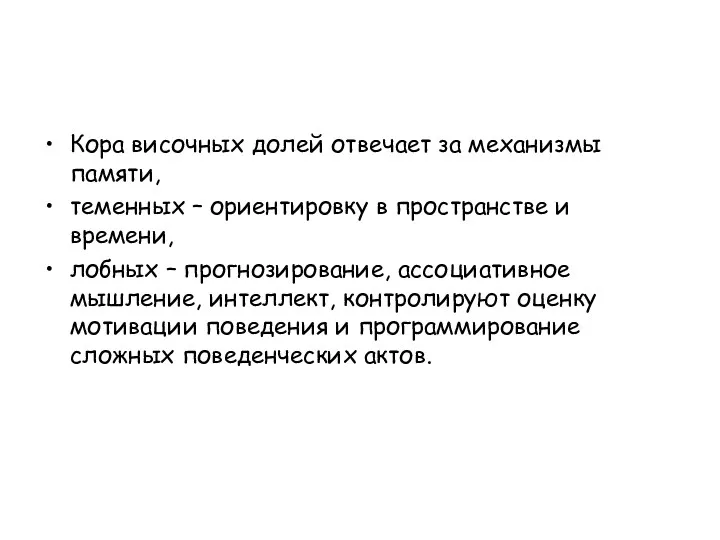 Кора височных долей отвечает за механизмы памяти, теменных – ориентировку