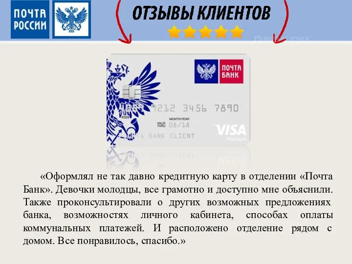 «Оформлял не так давно кредитную карту в отделении «Почта Банк».