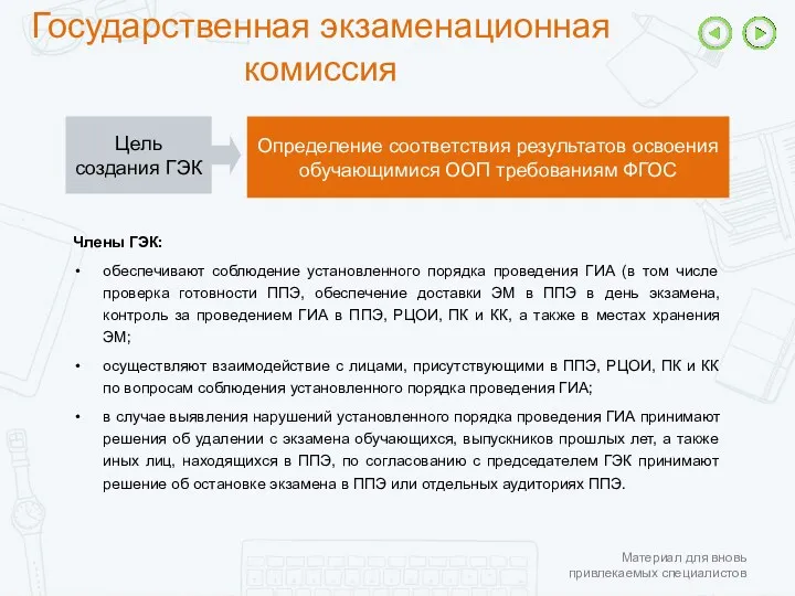 Государственная экзаменационная комиссия Члены ГЭК: обеспечивают соблюдение установленного порядка проведения