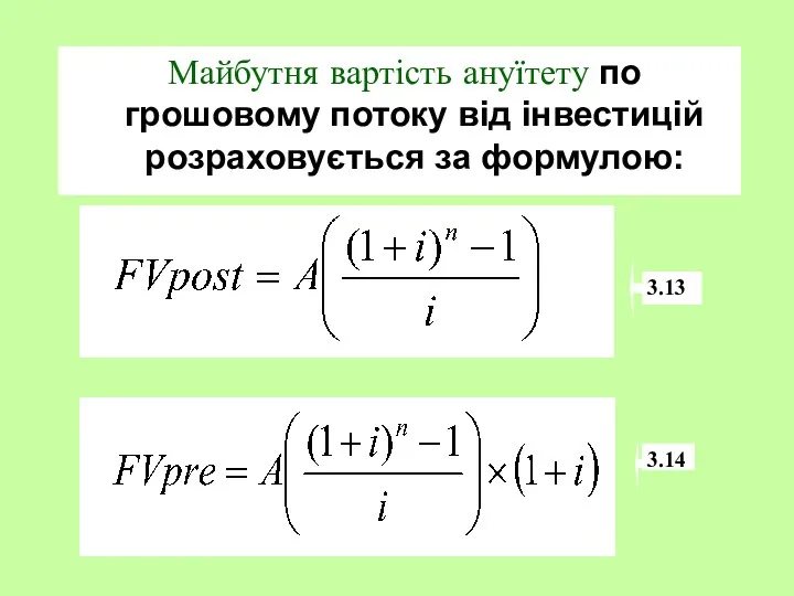 Майбутня вартість ануїтету по грошовому потоку від інвестицій розраховується за формулою: 3.13 3.14