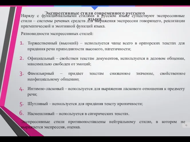 Экспрессивные стили современного русского языка Наряду с функциональными стилями в