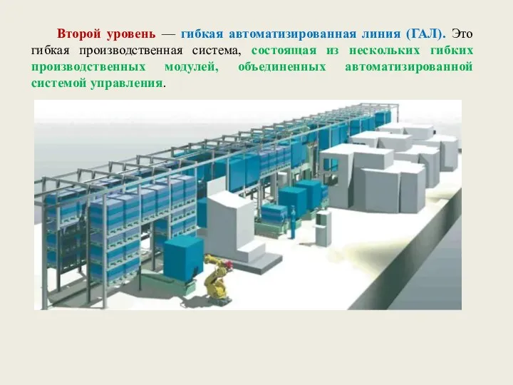 Второй уровень — гибкая автоматизированная линия (ГАЛ). Это гибкая производственная