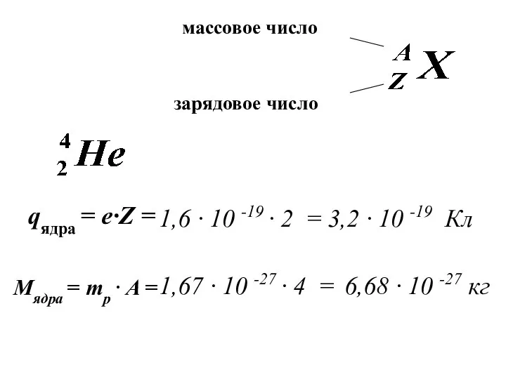 массовое число зарядовое число qядра = е·Z = 3,2 · 10 -19 Кл