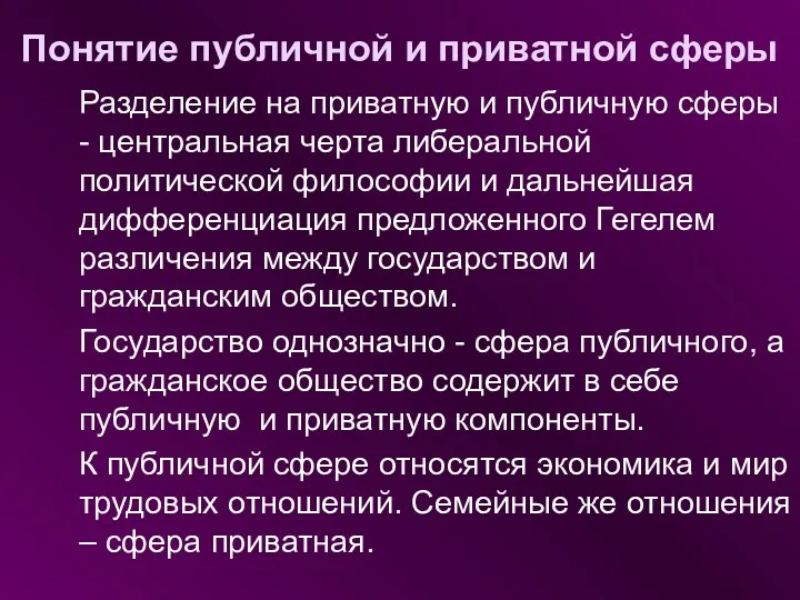 Понятие публичной и приватной сферы Разделение на приватную и публичную