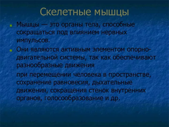 Скелетные мышцы Мышцы — это органы тела, способные сокращаться под