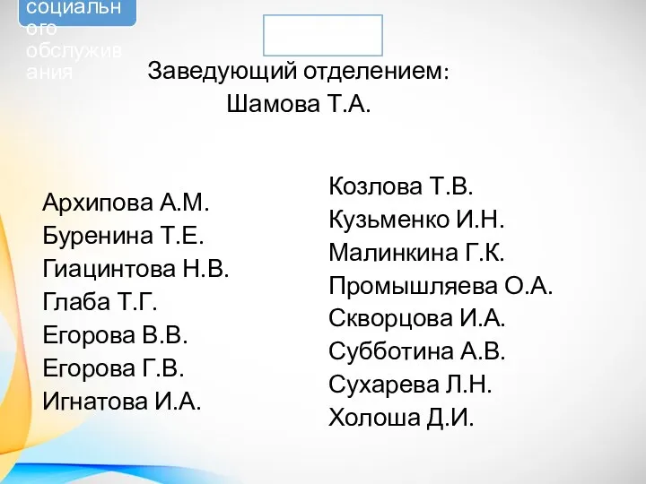 Заведующий отделением: Шамова Т.А. Архипова А.М. Буренина Т.Е. Гиацинтова Н.В.