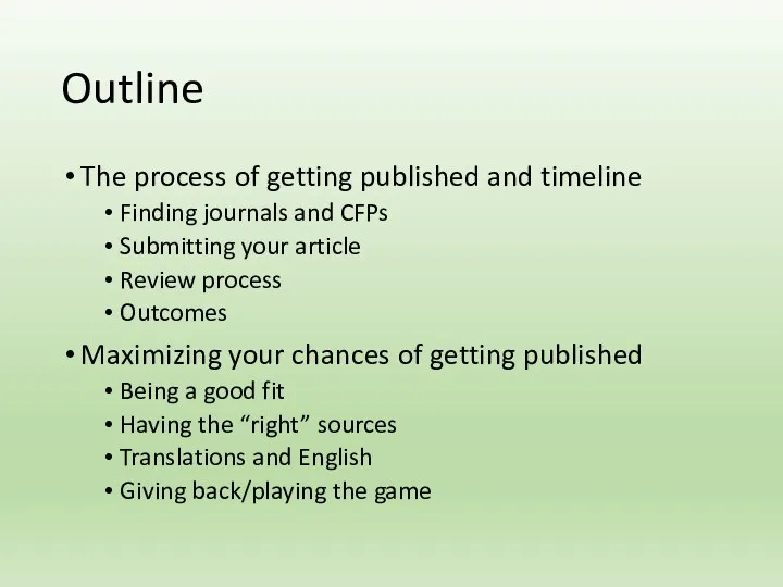 Outline The process of getting published and timeline Finding journals