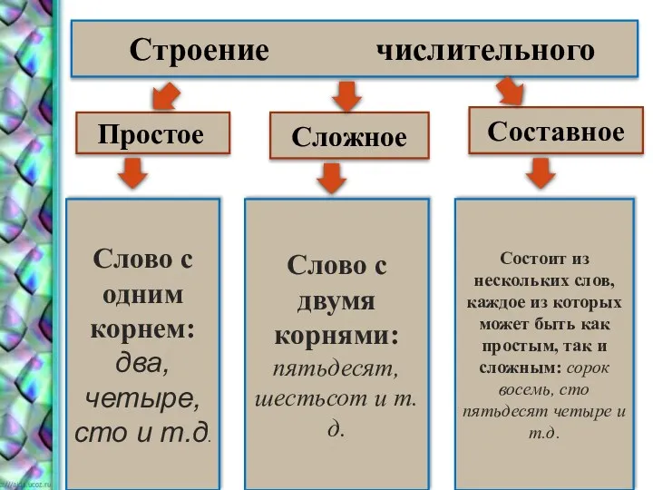 Строение числительного Простое Сложное Составное Слово с одним корнем: два,