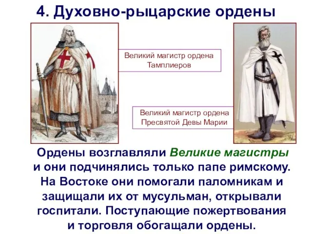 4. Духовно-рыцарские ордены Ордены возглавляли Великие магистры и они подчинялись только папе римскому.