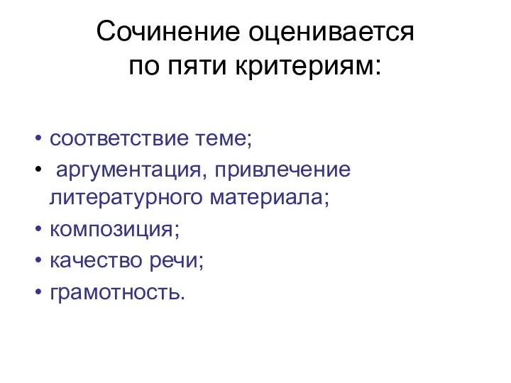 Сочинение оценивается по пяти критериям: соответствие теме; аргументация, привлечение литературного материала; композиция; качество речи; грамотность.