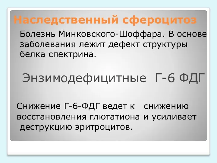 Наследственный сфероцитоз Болезнь Минковского-Шоффара. В основе заболевания лежит дефект структуры