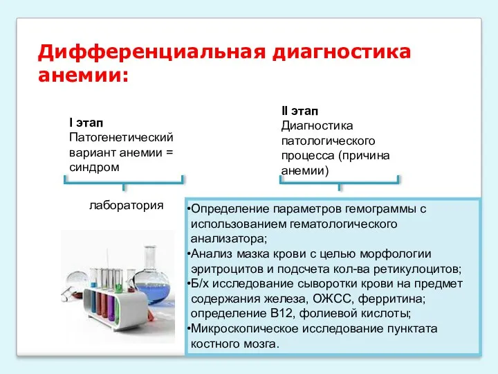 Дифференциальная диагностика анемии: I этап Патогенетический вариант анемии = синдром