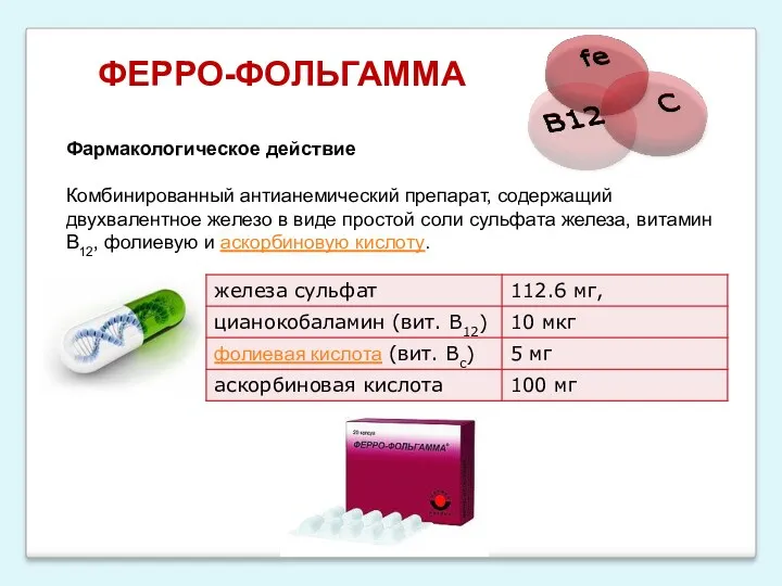 ФЕРРО-ФОЛЬГАММА Фармакологическое действие Комбинированный антианемический препарат, содержащий двухвалентное железо в