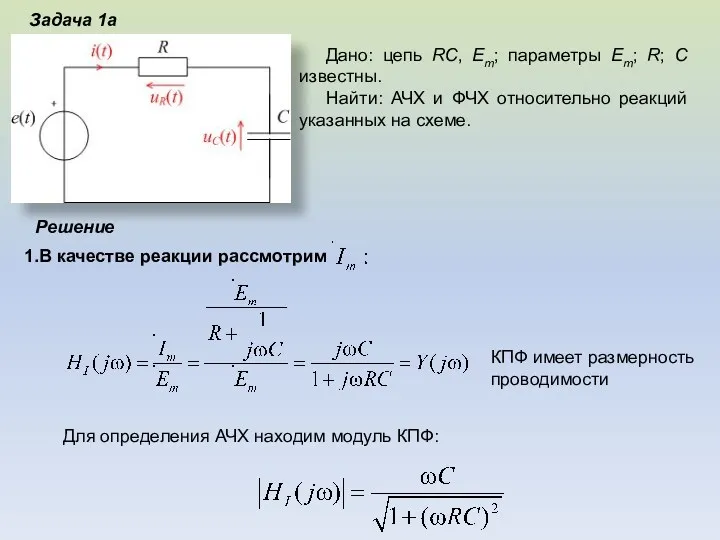 Задача 1а Решение Дано: цепь RC, Em; параметры Em; R;