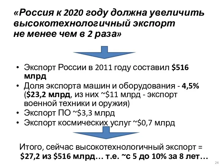 «Россия к 2020 году должна увеличить высокотехнологичный экспорт не менее