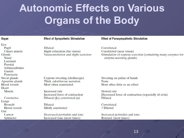 Autonomic Effects on Various Organs of the Body