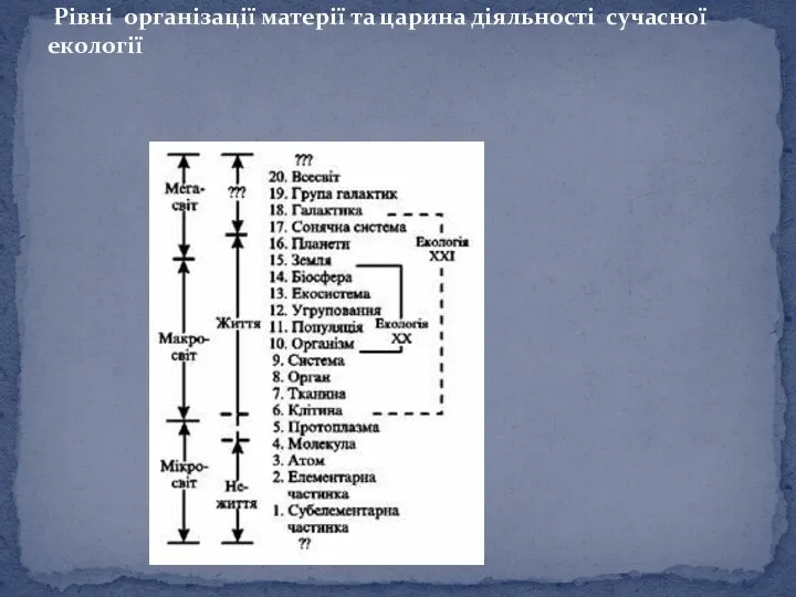 Рівні організації матерії та царина діяльності сучасної екології