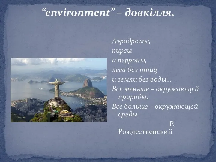 “environment” – довкілля. Аэродромы, пирсы и перроны, леса без птиц