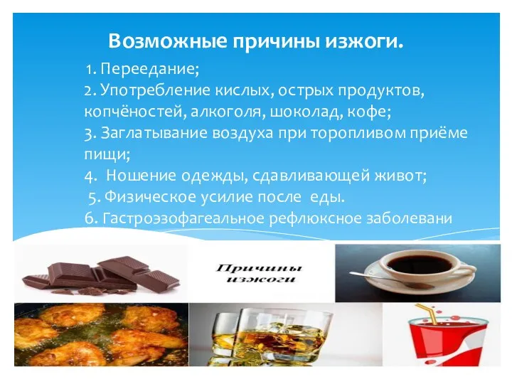 1. Переедание; 2. Употребление кислых, острых продуктов, копчёностей, алкоголя, шоколад,