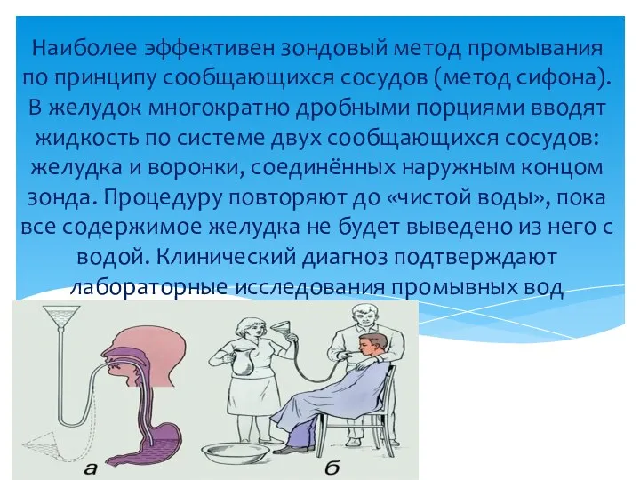 Наиболее эффективен зондовый метод промывания по принципу сообщающихся сосудов (метод