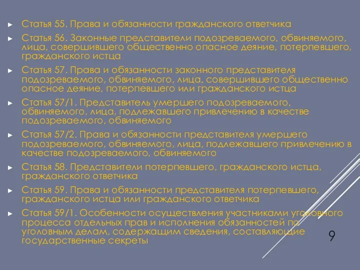 Статья 55. Права и обязанности гражданского ответчика Статья 56. Законные