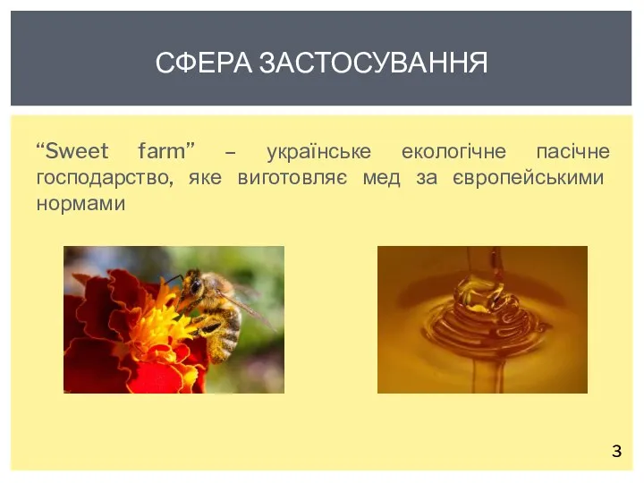 “Sweet farm” – українське екологічне пасічне господарство, яке виготовляє мед за європейськими нормами СФЕРА ЗАСТОСУВАННЯ 3