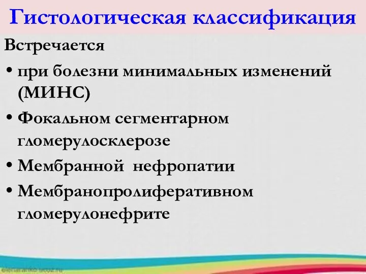 Гистологическая классификация Встречается при болезни минимальных изменений (МИНС) Фокальном сегментарном гломерулосклерозе Мембранной нефропатии Мембранопролиферативном гломерулонефрите