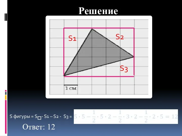 Решение S фигуры = S - S1 – S2 - S3 = Ответ: 12