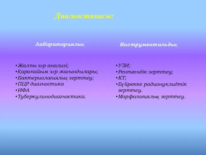 Диагностикасы: Лабораториялық Инструментальдық Жалпы зәр анализі; Қарапайым зәр жағындылары; Бактериологиялық