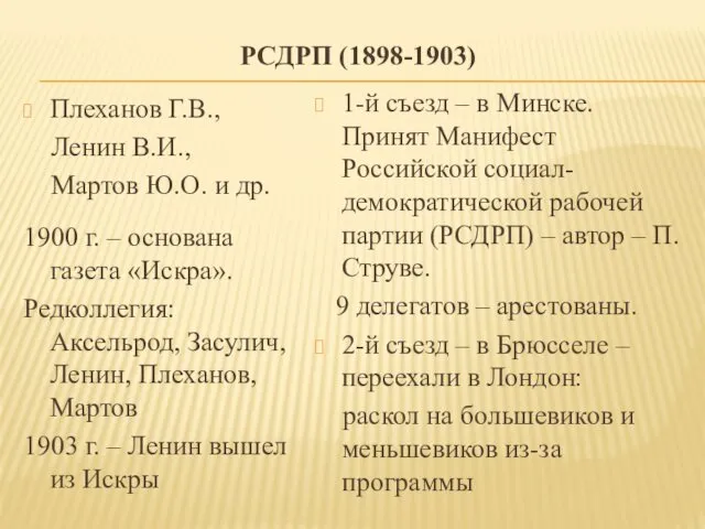 РСДРП (1898-1903) Плеханов Г.В., Ленин В.И., Мартов Ю.О. и др. 1900 г. –
