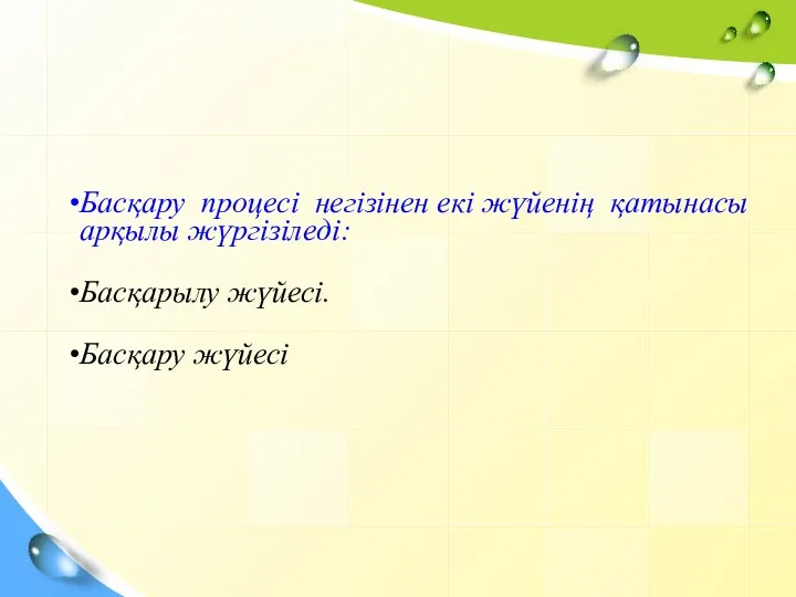 Басқару процесі негізінен екі жүйенің қатынасы арқылы жүргізіледі: Басқарылу жүйесі. Басқару жүйесі