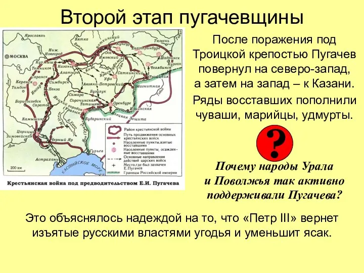 Второй этап пугачевщины После поражения под Троицкой крепостью Пугачев повернул