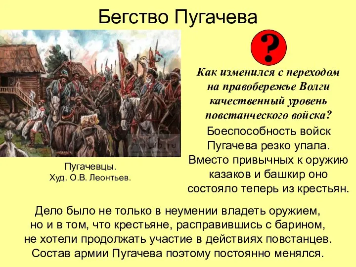 Бегство Пугачева Как изменился с переходом на правобережье Волги качественный