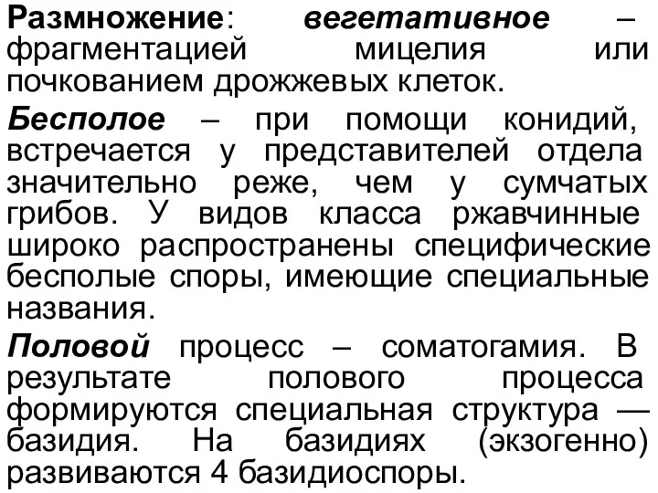 Размножение: вегетативное – фрагментацией мицелия или почкованием дрожжевых клеток. Бесполое