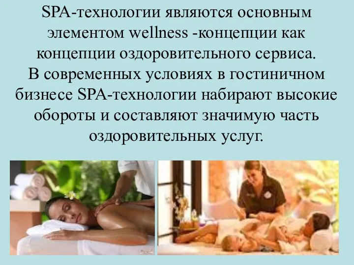 SPA-технологии являются основным элементом wellness -концепции как концепции оздоровительного сервиса.