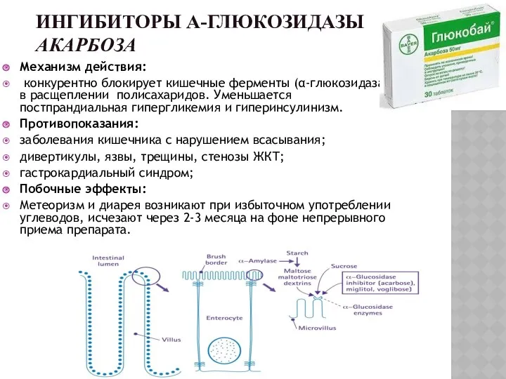 ИНГИБИТОРЫ Α-ГЛЮКОЗИДАЗЫ АКАРБОЗА Механизм действия: конкурентно блокирует кишечные ферменты (α-глюкозидаза),