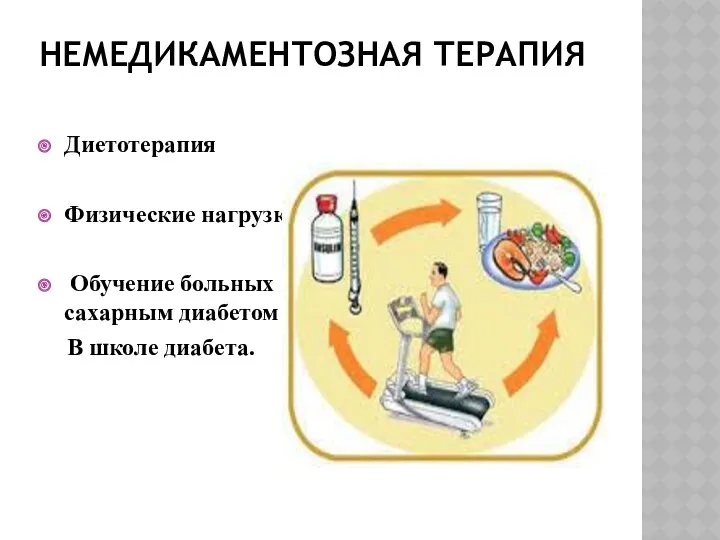 НЕМЕДИКАМЕНТОЗНАЯ ТЕРАПИЯ Диетотерапия Физические нагрузки Обучение больных сахарным диабетом В школе диабета.