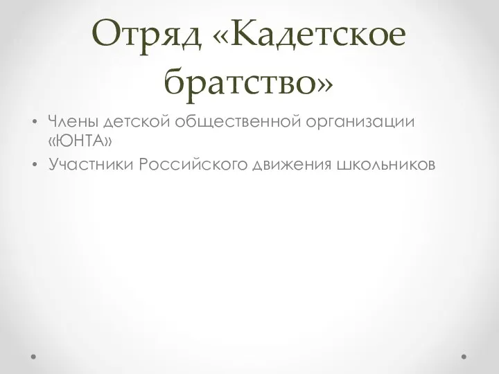 Отряд «Кадетское братство» Члены детской общественной организации «ЮНТА» Участники Российского движения школьников