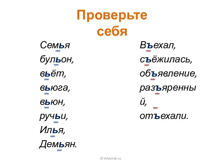© InfoUrok.ru Проверьте себя Семья бульон, вьёт, вьюга, вьюн, ручьи,