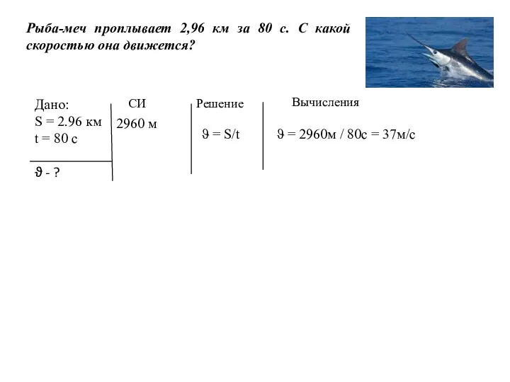 Рыба-меч проплывает 2,96 км за 80 с. С какой скоростью