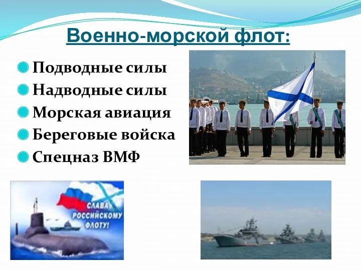 Военно-морской флот: Подводные силы Надводные силы Морская авиация Береговые войска Спецназ ВМФ