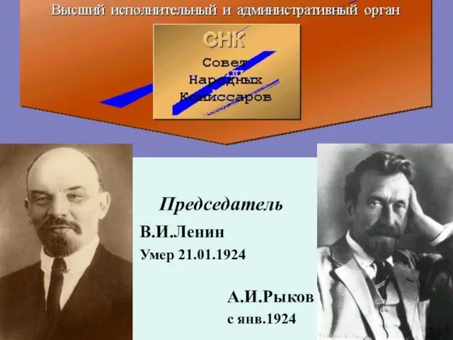 Председатель В.И.Ленин Умер 21.01.1924 А.И.Рыков с янв.1924