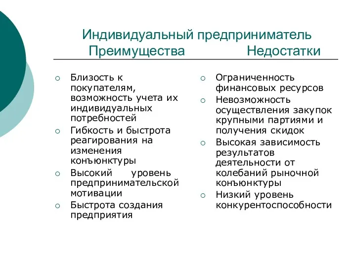 Индивидуальный предприниматель Преимущества Недостатки Близость к покупателям, возможность учета их