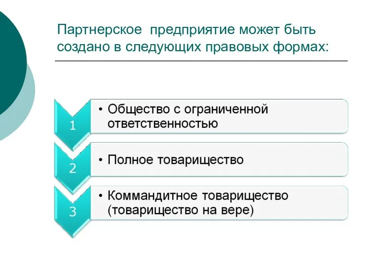 Партнерское предприятие может быть создано в следующих правовых формах: